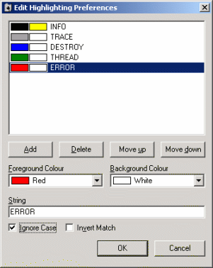 Highlighted lines in the output, specified in the user preferences